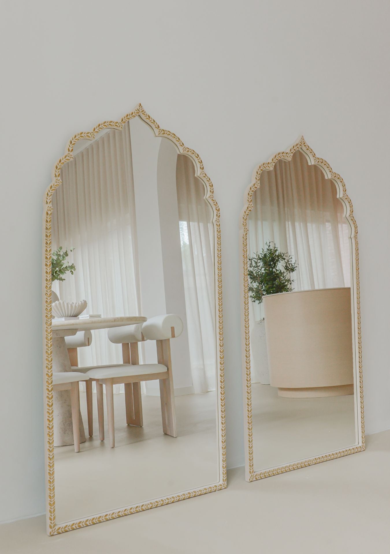 Handcrafted arched mosaic mirror with gold ceramic details by Pure Reflection.