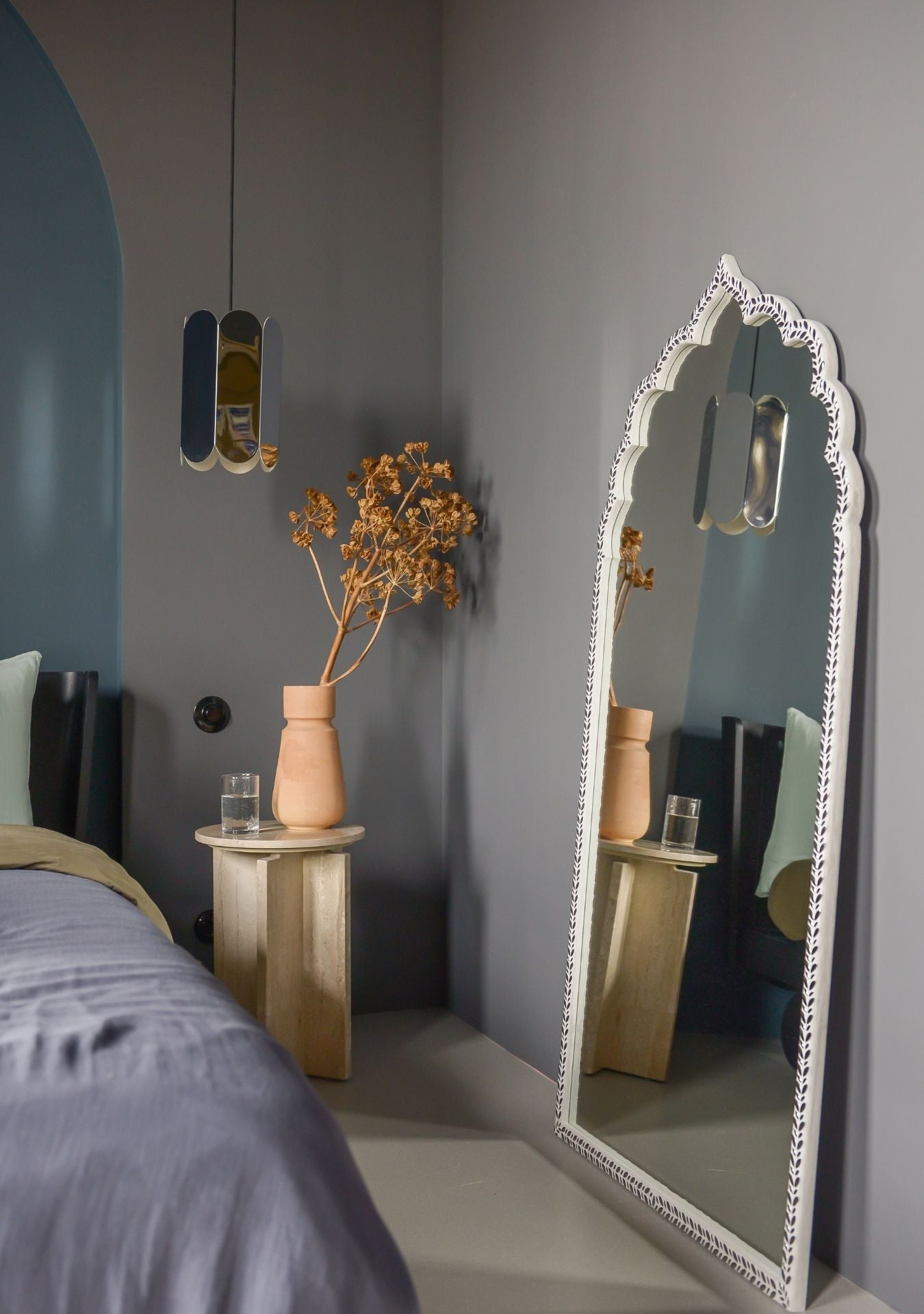 Handcrafted arched mosaic mirror with silver ceramic details by Pure Reflection.