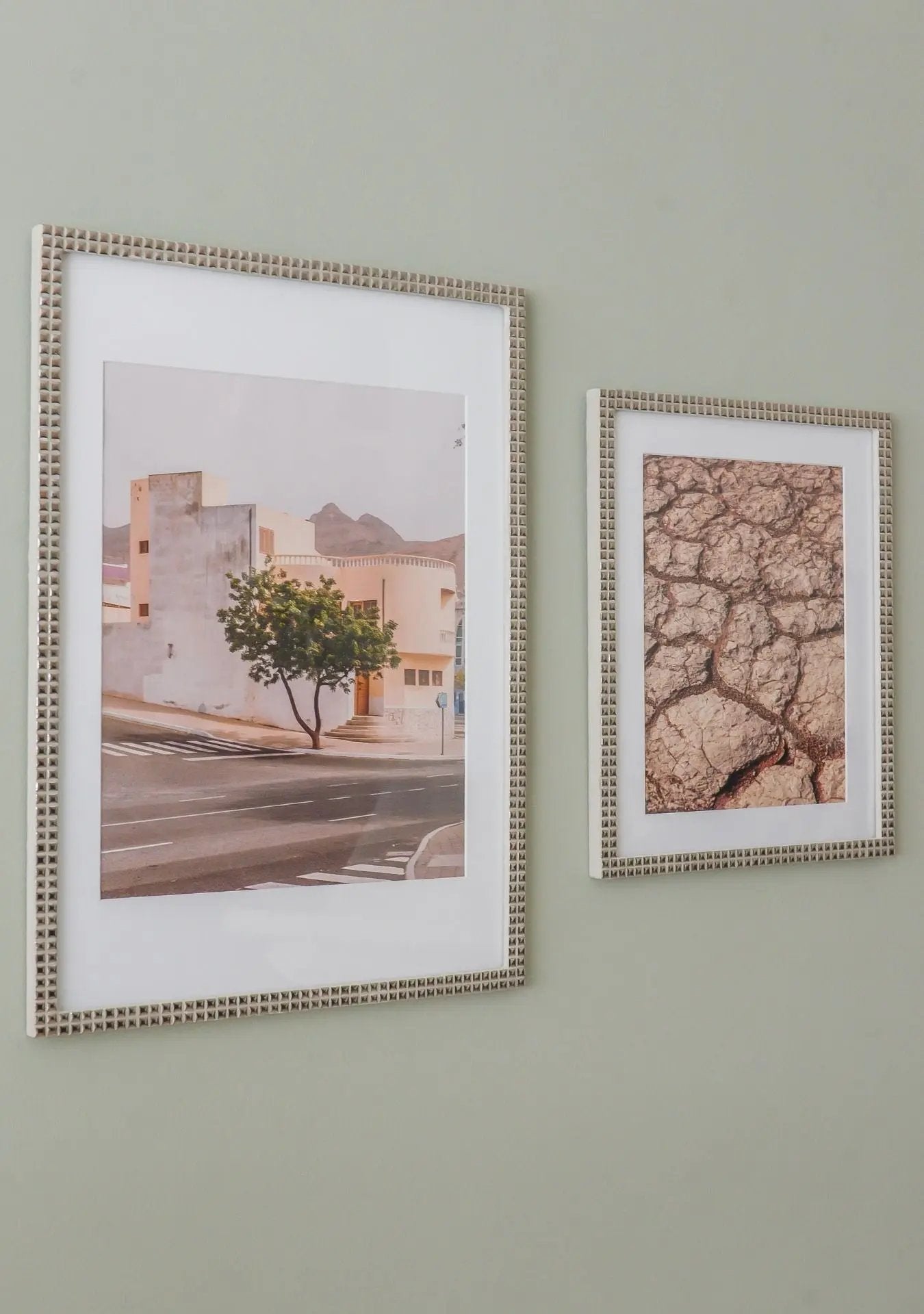 Set of handmade mosaic photo frames on soft green wall – Pure Reflection