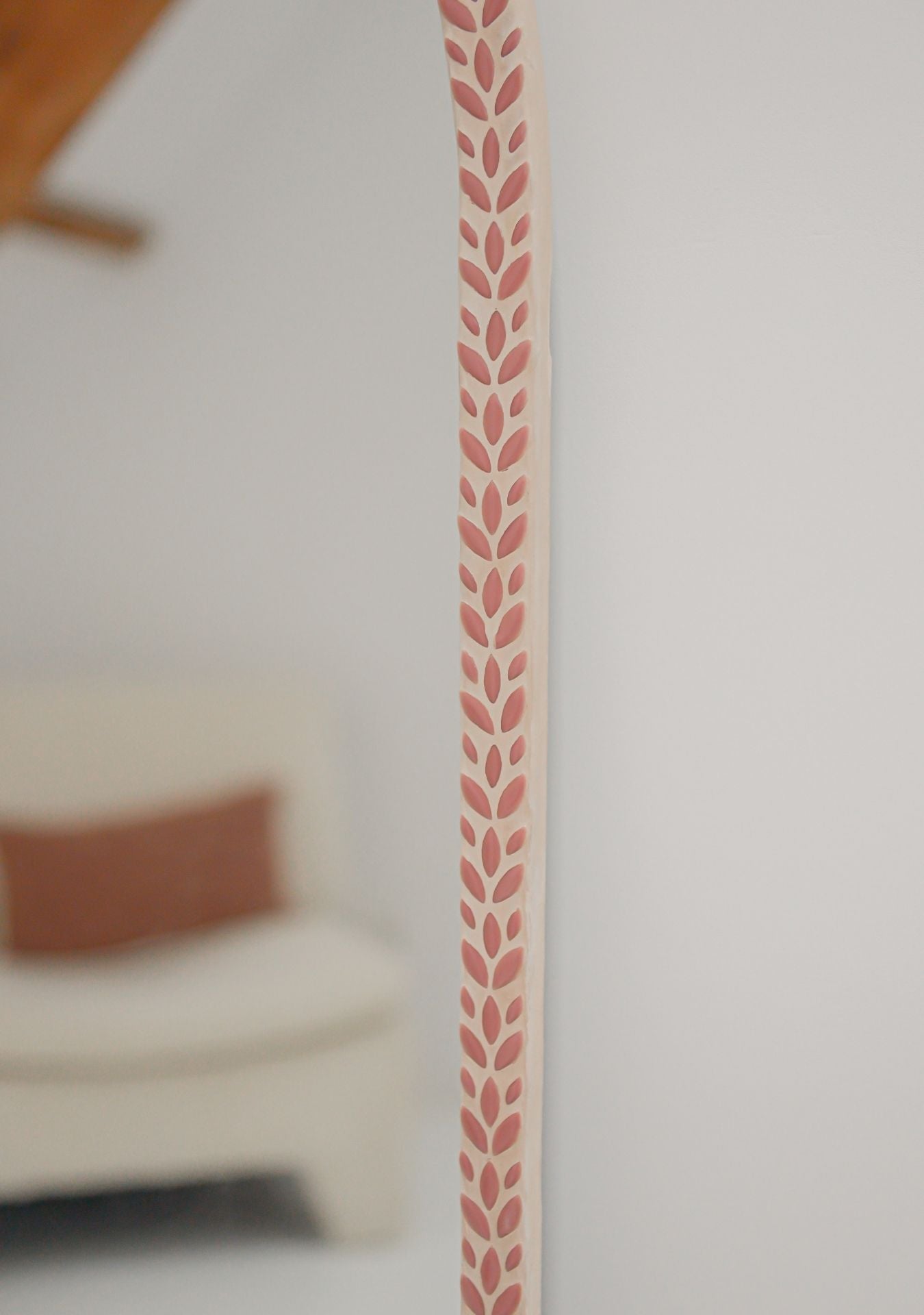 Close-up of handcrafted mosaic edge in Dusty Rose ceramic by Pure Reflection.