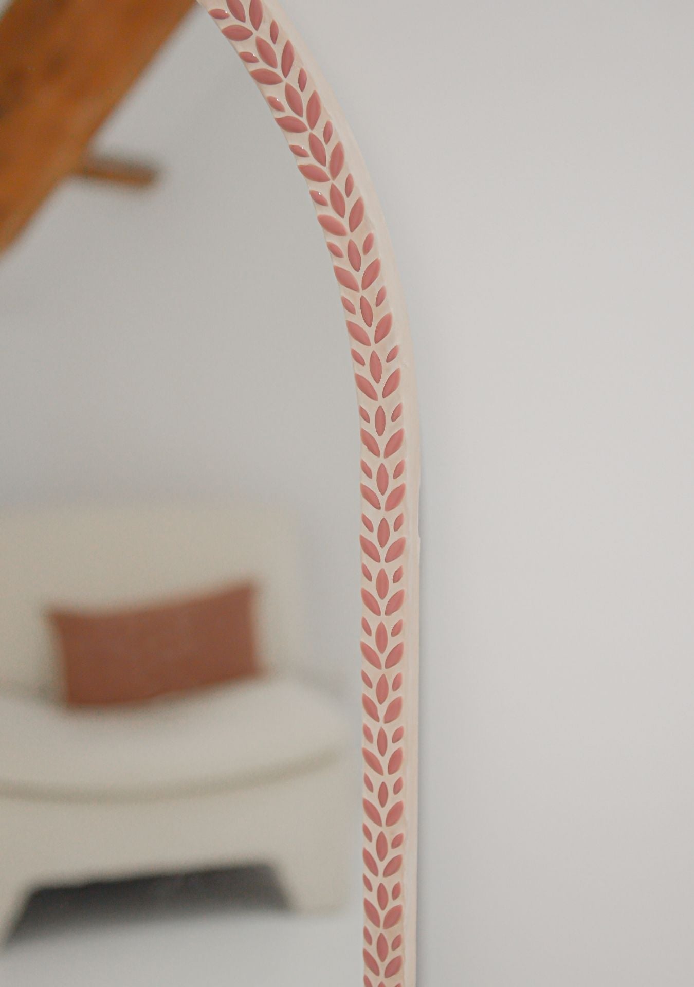 Detailed view of pink mosaic craftsmanship and grout texture on the Mirror Lustro Dusty Rose.