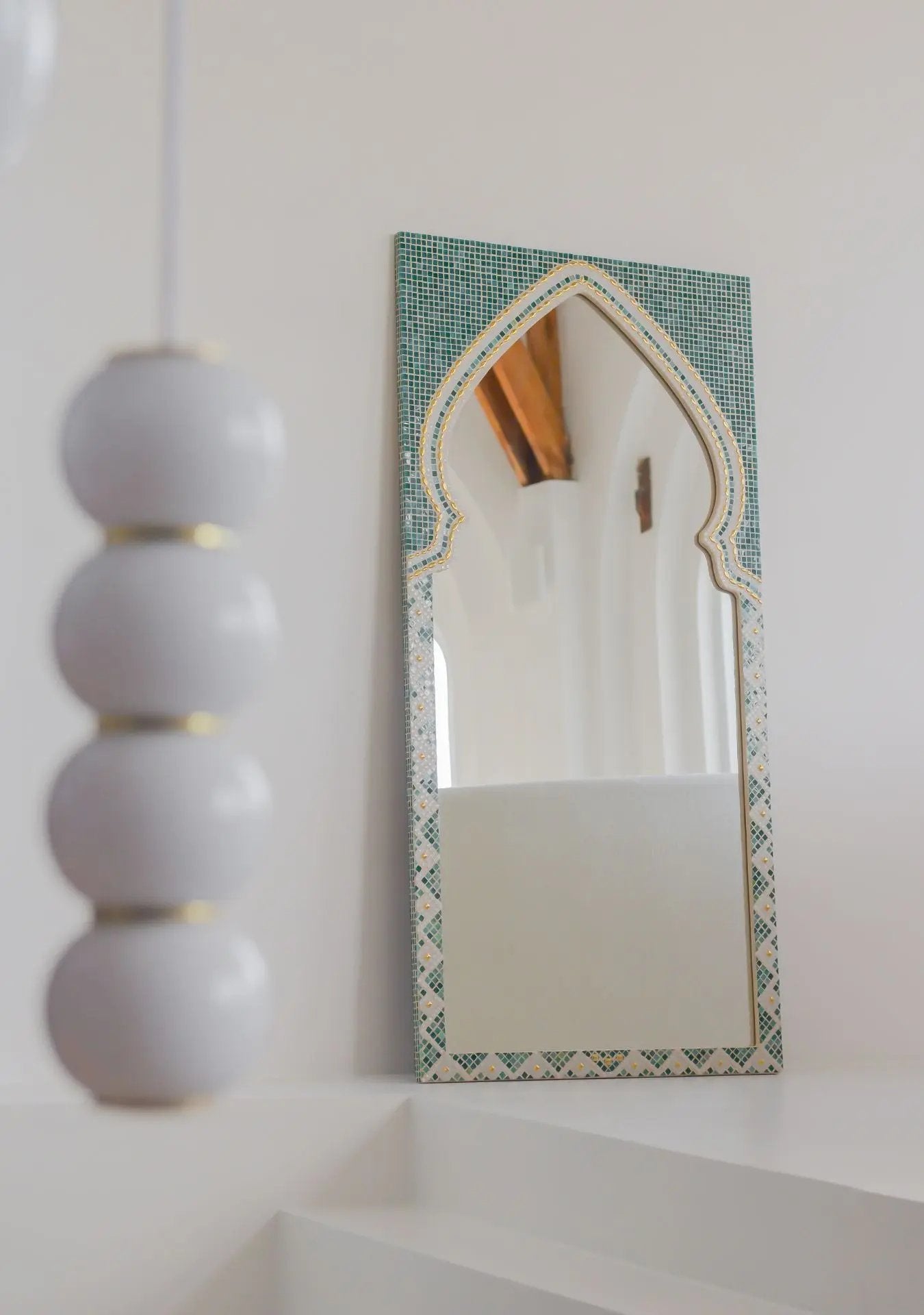 Handcrafted mosaic mirror Maraya Green with oriental arch shape — Pure Reflection handmade design.