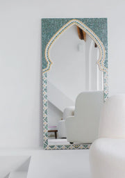 Handcrafted mosaic mirror Maraya Green with oriental arch shape — Pure Reflection handmade design.