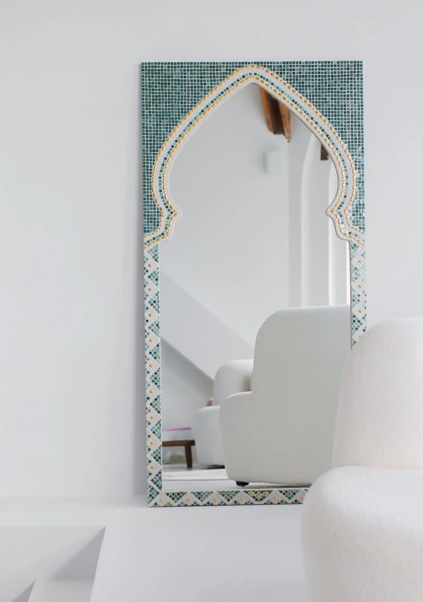 Handcrafted mosaic mirror Maraya Green with oriental arch shape — Pure Reflection handmade design.