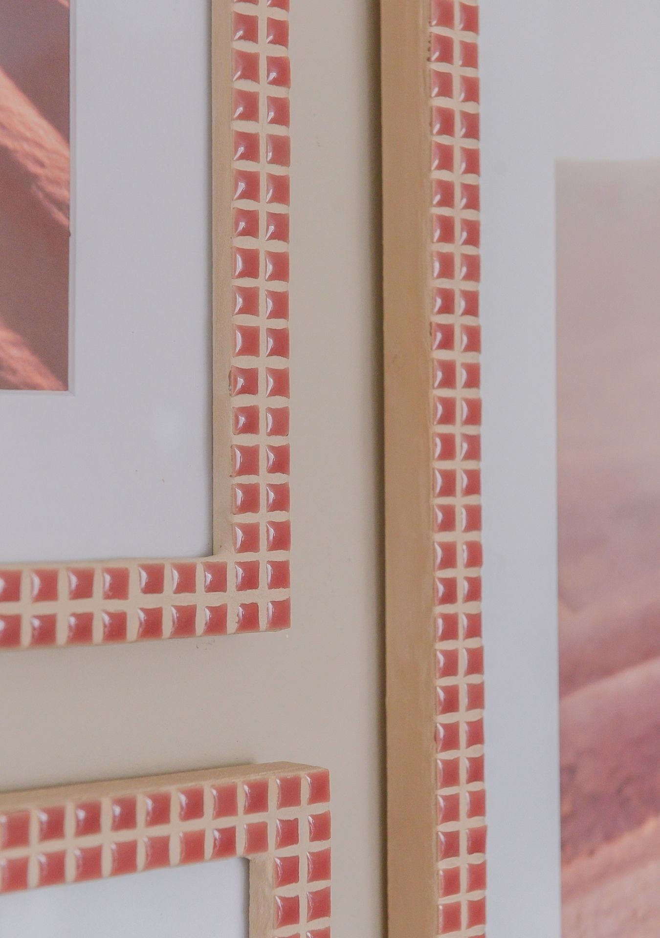 Handcrafted dusty rose mosaic photo frames in calm interior setting – Pure Reflection