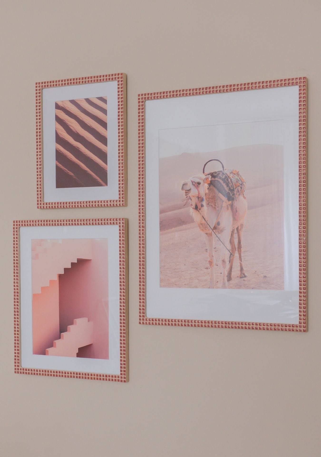 Set of handmade dusty rose mosaic photo frames on beige wall – Pure Reflection